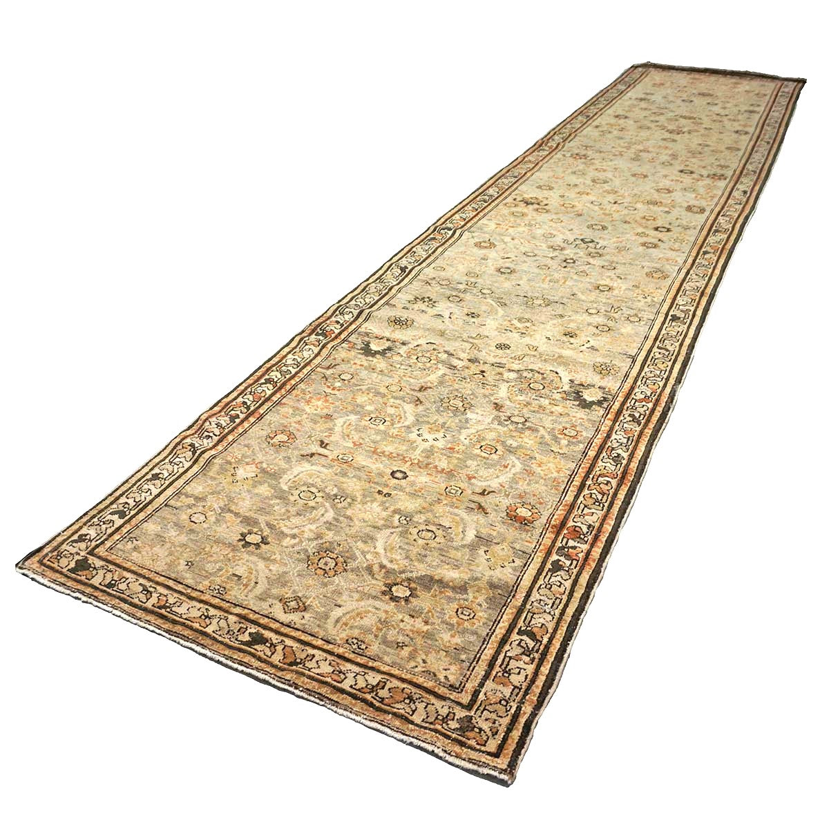Antique Persian Malayer Wool 4x16 Tan, Charcoal & Rust Handmade Gallery Rug #1142807