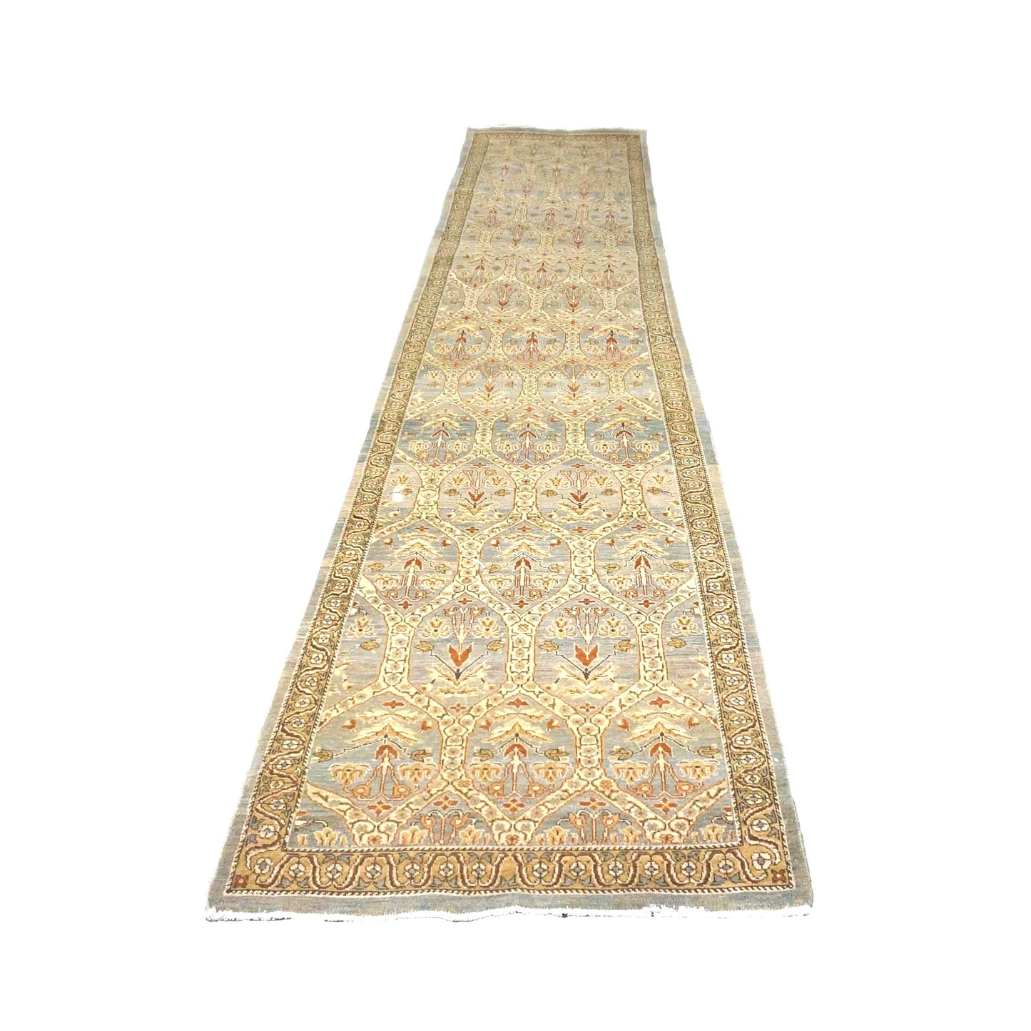 Persian Tabriz Wool 3x15 Blue & Ivory Handmade Runner Rug #1142901