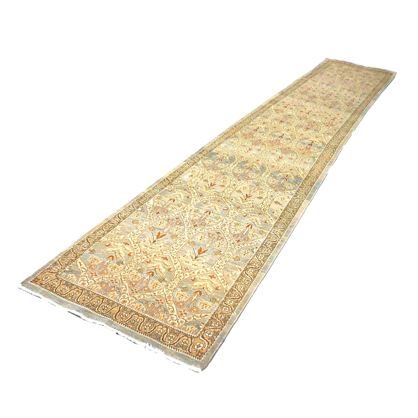 Persian Tabriz Wool 3x15 Blue & Ivory Handmade Runner Rug #1142901