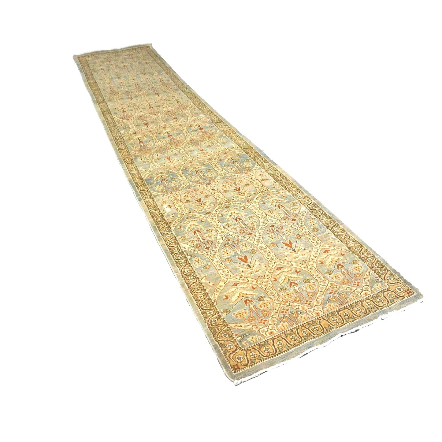 Persian Tabriz Wool 3x15 Blue & Ivory Handmade Runner Rug #1142901