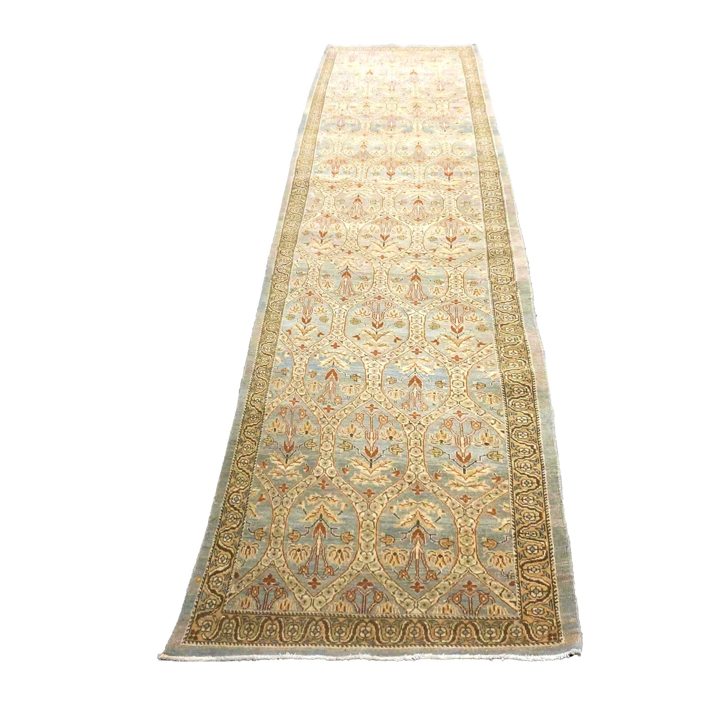 Persian Tabriz Wool 3x15 Blue & Ivory Handmade Runner Rug #1142901