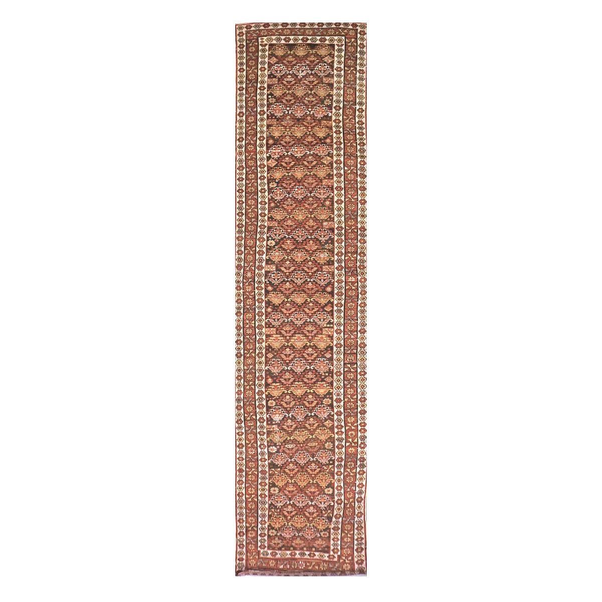 Antique Persian Azerbaijani Tribal Wool 3x14 Brown & Rust Handmade Runner Rug #1142908