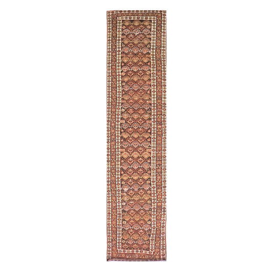 Antique Persian Azerbaijani Tribal Wool 3x14 Brown & Rust Handmade Runner Rug #1142908