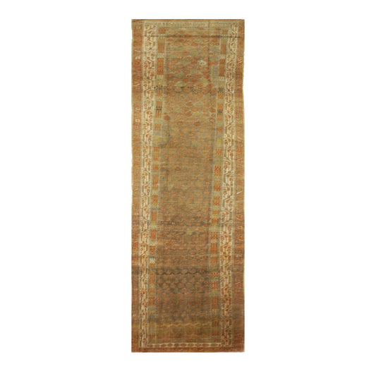Antique Persian Malayer Wool 3x12 Tan, Rust & Ivory Handmade Runner Rug #1142952