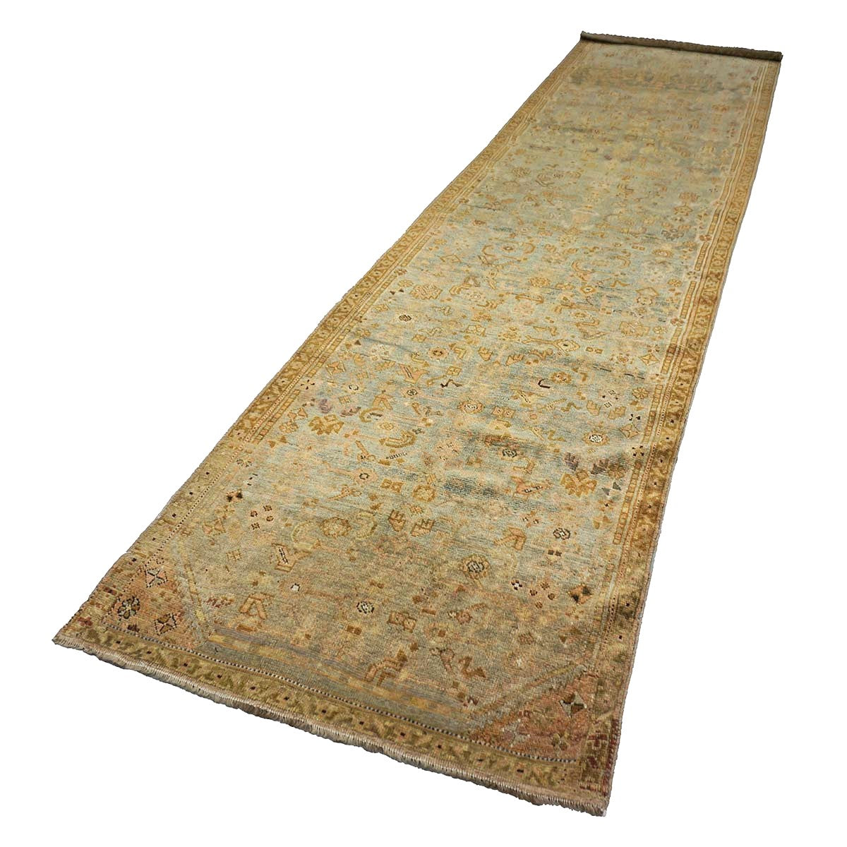 Antique Persian Malayer Wool 3x12 Light Blue & Rust Handmade Runner Rug #1142957