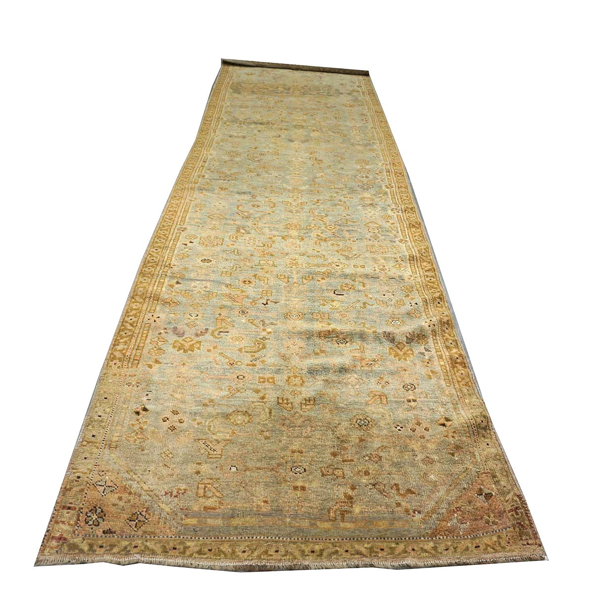 Antique Persian Malayer Wool 3x12 Light Blue & Rust Handmade Runner Rug #1142957