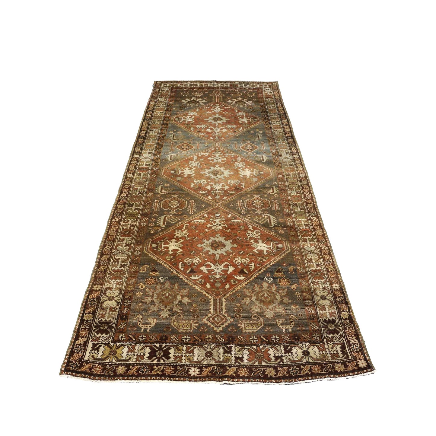 Antique Persian Bijar Wool 4x10 Grey & Rust Handmade Gallery Rug #1142958