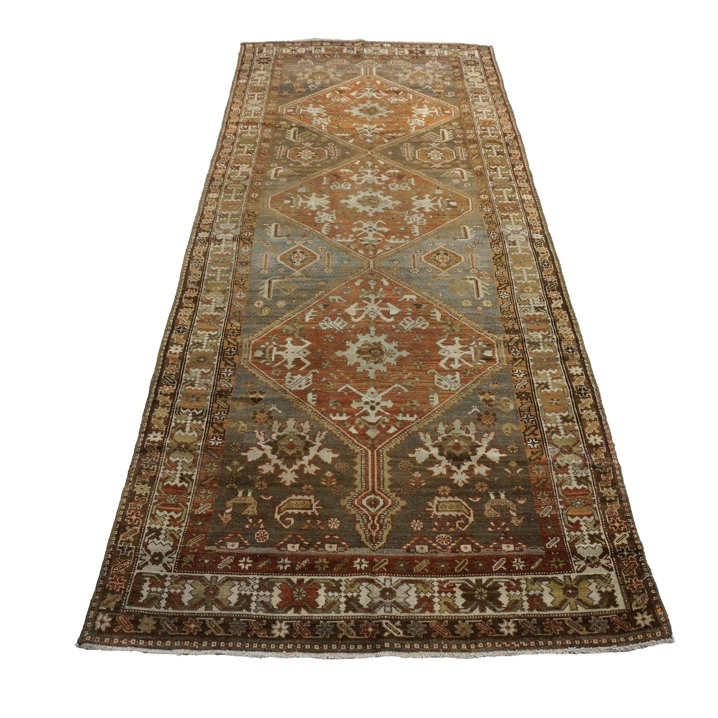 Antique Persian Bijar Wool 4x10 Grey & Rust Handmade Gallery Rug #1142958