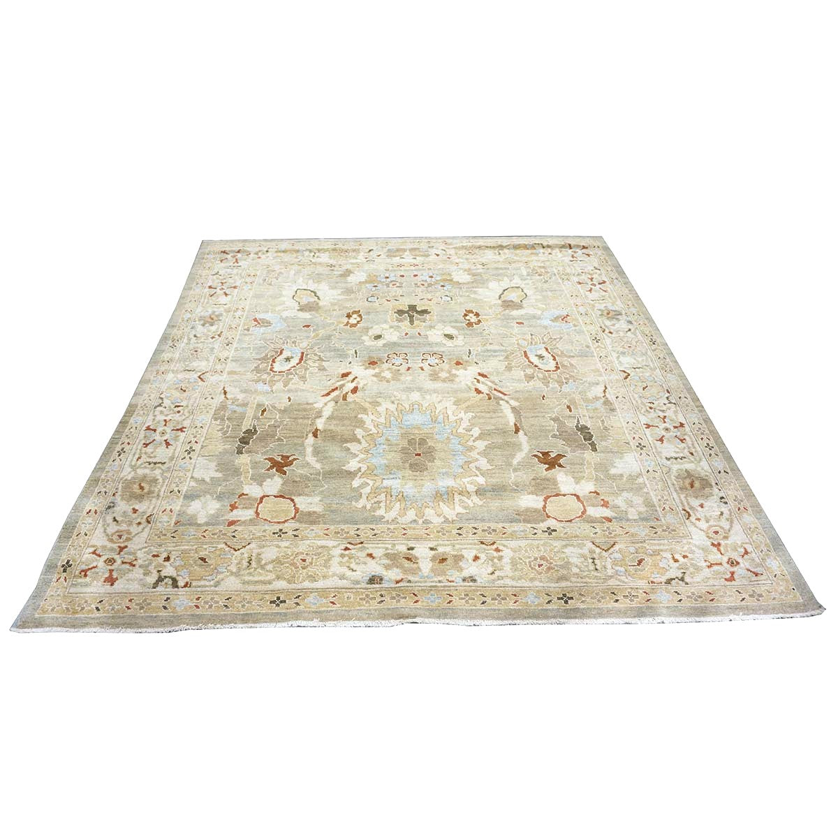 Persian Sultanabad Wool 8x8 Tan, Blue, & Ivory Handmade Square Area Rug #1143023