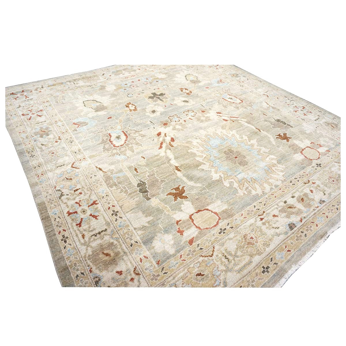 Persian Sultanabad Wool 8x8 Tan, Blue, & Ivory Handmade Square Area Rug #1143023