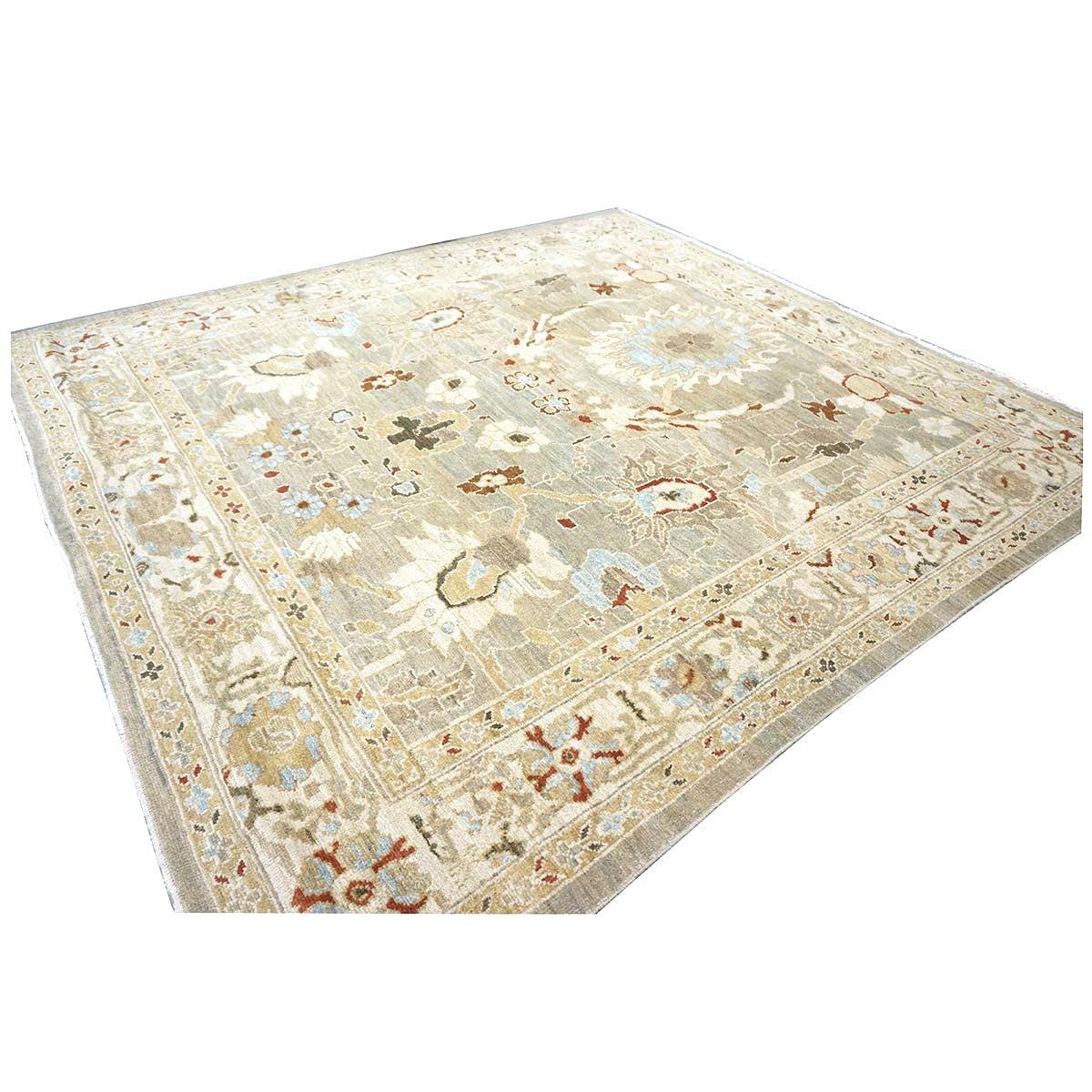 Persian Sultanabad Wool 8x8 Tan, Blue, & Ivory Handmade Square Area Rug #1143023