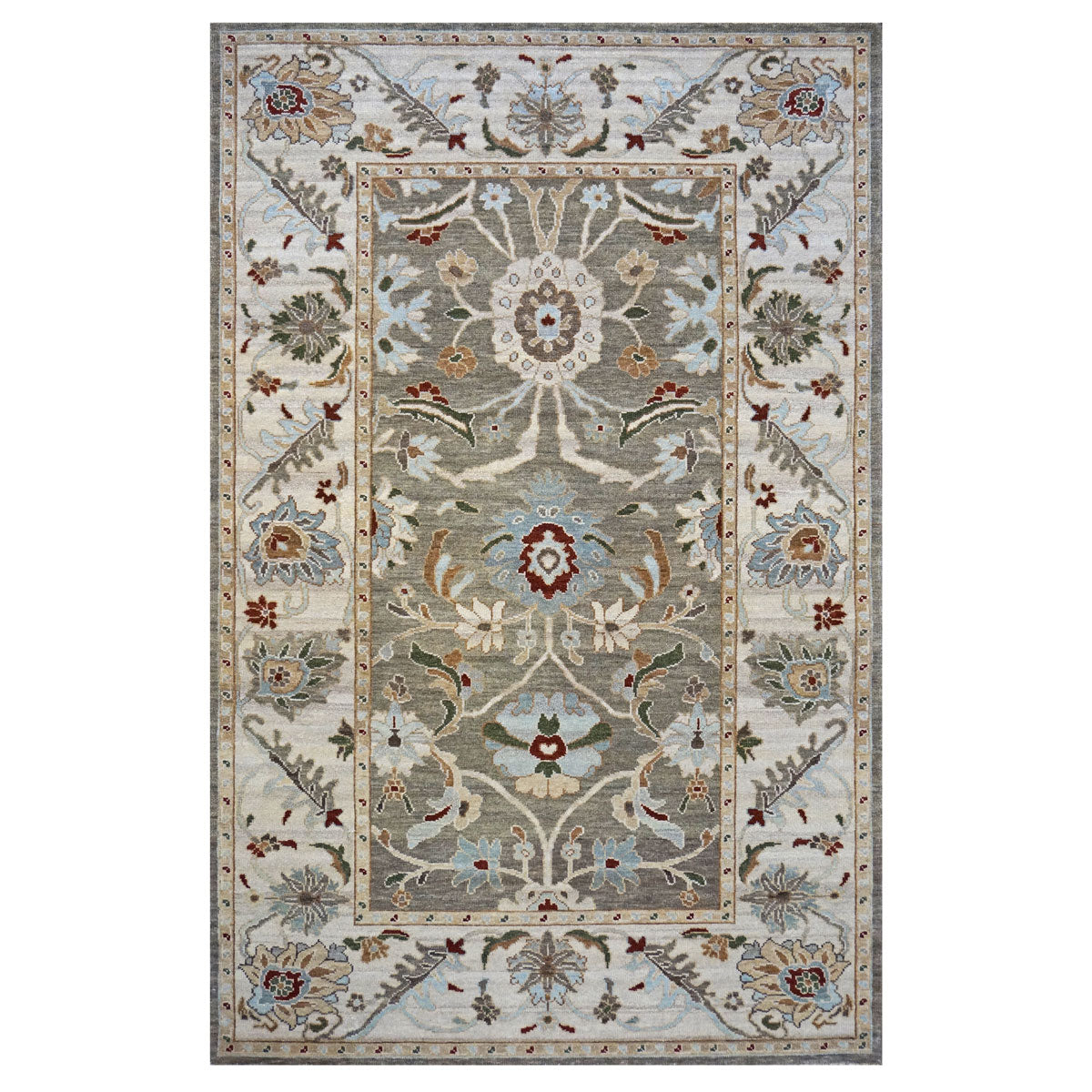 Afghan Sultanabad Wool 5 x 8 Grey, Green & Light Blue Handmade Area Rug #1143143
