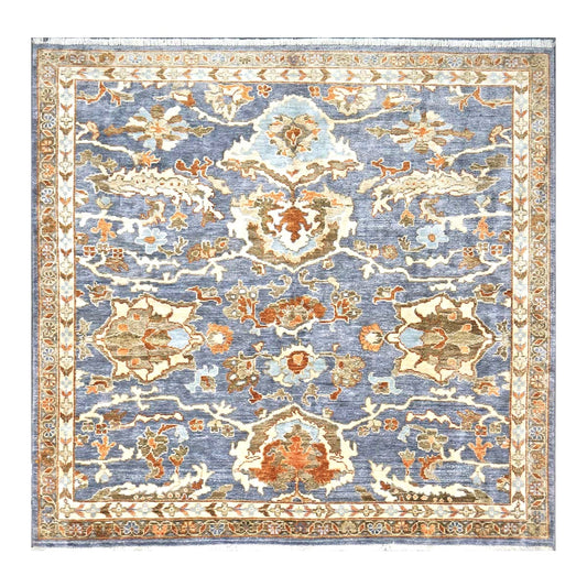 Indian Sultanabad Silk 6x6 Blue, Orange & Ivory Handmade Square Area Rugs #1143145