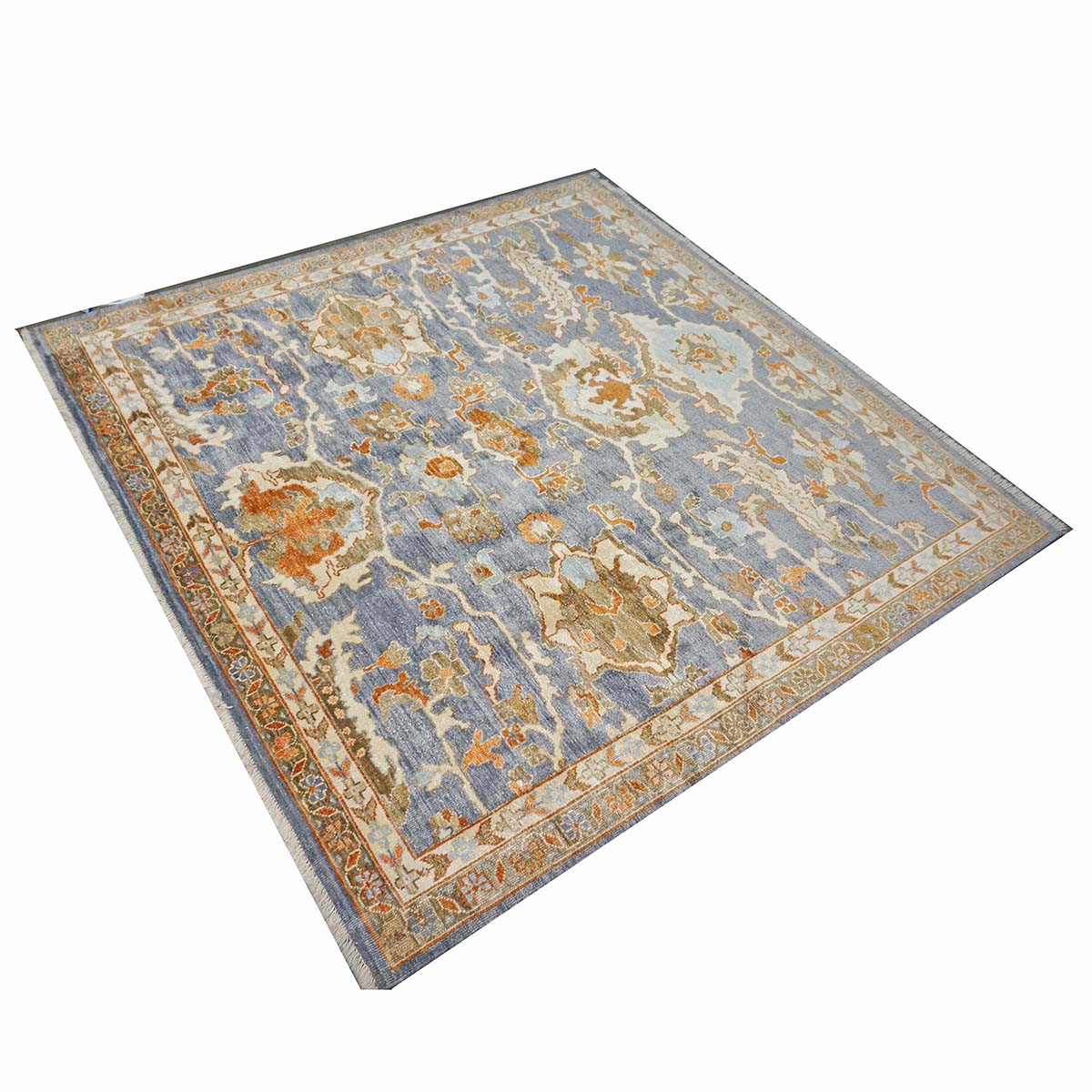 Indian Sultanabad Silk 6x6 Blue, Orange & Ivory Handmade Square Area Rugs #1143145