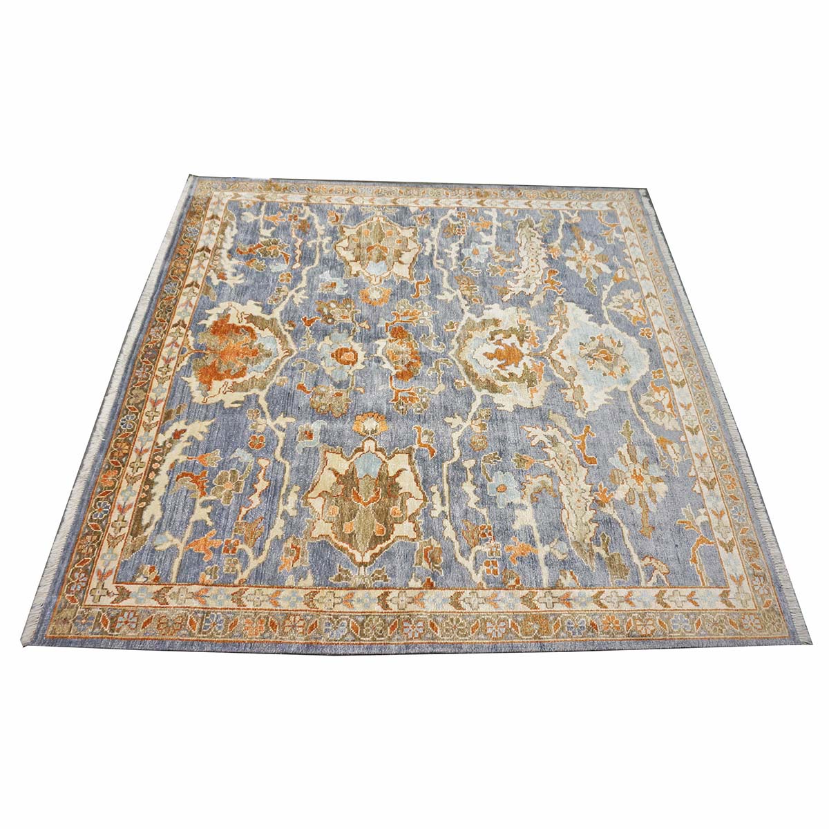 Indian Sultanabad Silk 6x6 Blue, Orange & Ivory Handmade Square Area Rugs #1143145