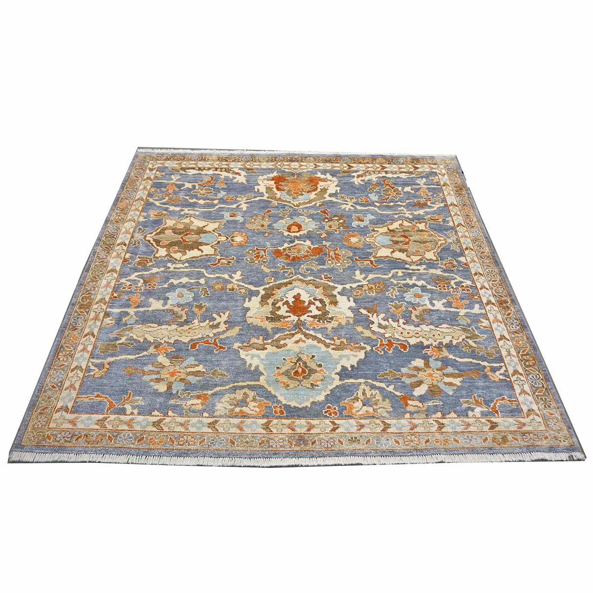 Indian Sultanabad Silk 6x6 Blue, Orange & Ivory Handmade Square Area Rugs #1143145