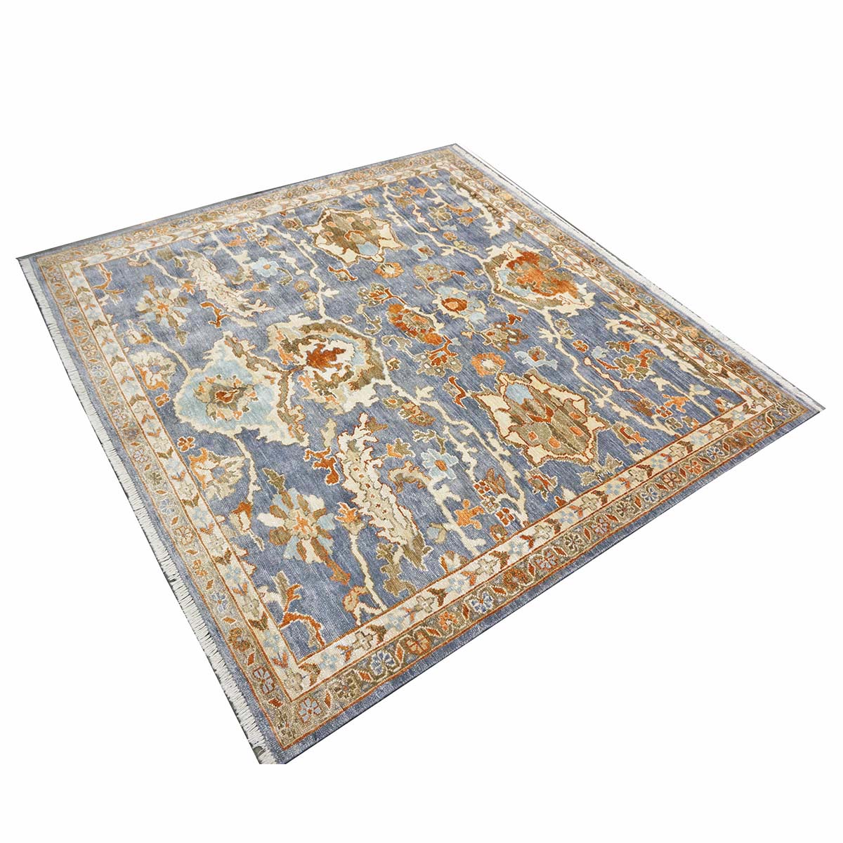 Indian Sultanabad Silk 6x6 Blue, Orange & Ivory Handmade Square Area Rugs #1143145
