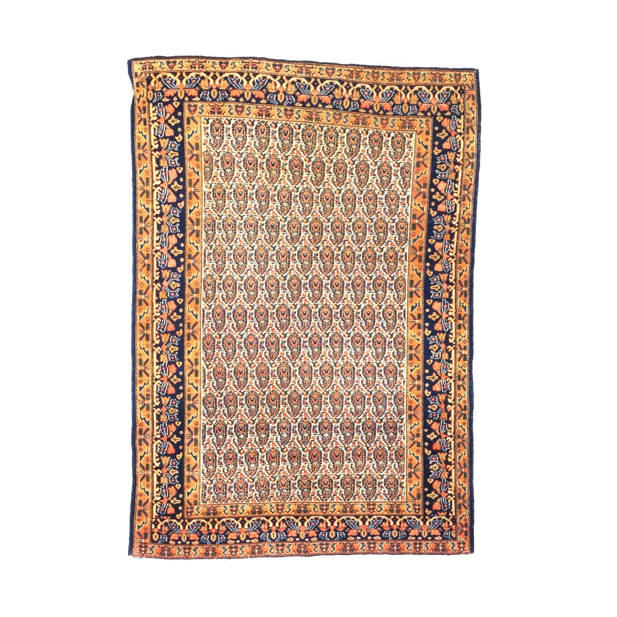Antique Persian Senneh Wool 4X6 Blue, Gold & Orange Handmade Area Rug #1143202