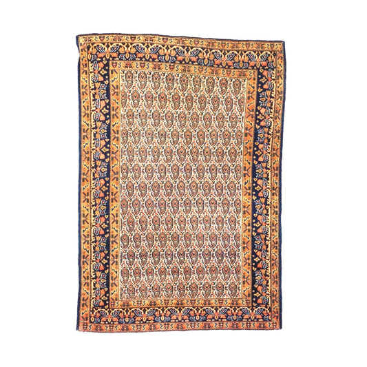 Antique Persian Senneh Wool 4X6 Blue, Gold & Orange Handmade Area Rug #1143202