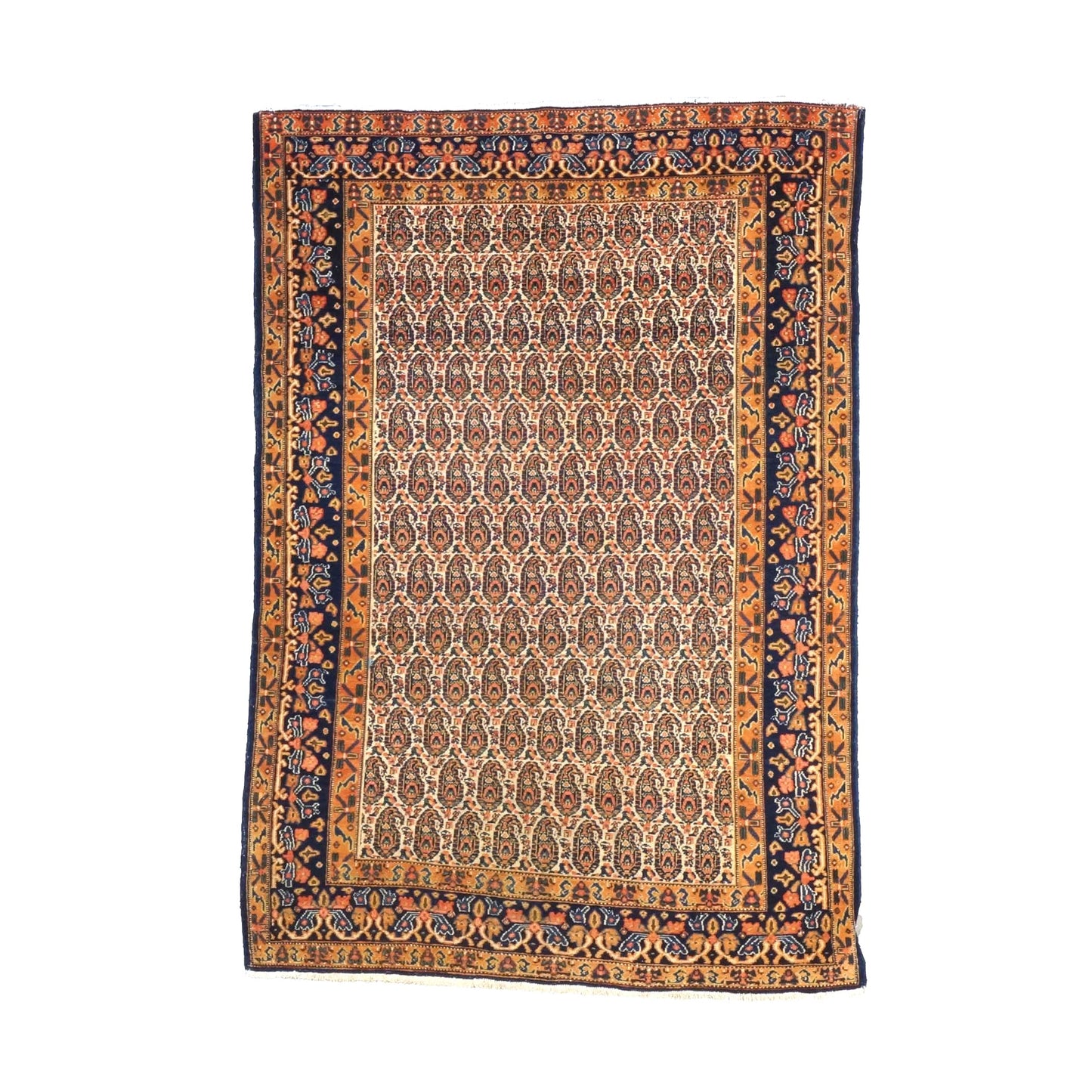 Antique Persian Senneh Wool 4X6 Blue, Gold & Orange Handmade Area Rug #1143202