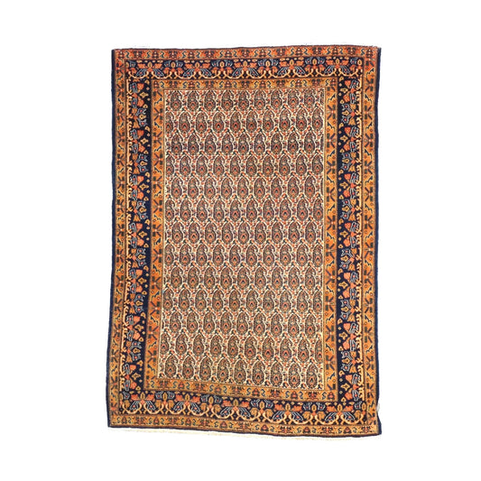 Antique Persian Senneh Wool 4X6 Blue, Gold & Orange Handmade Area Rug #1143202
