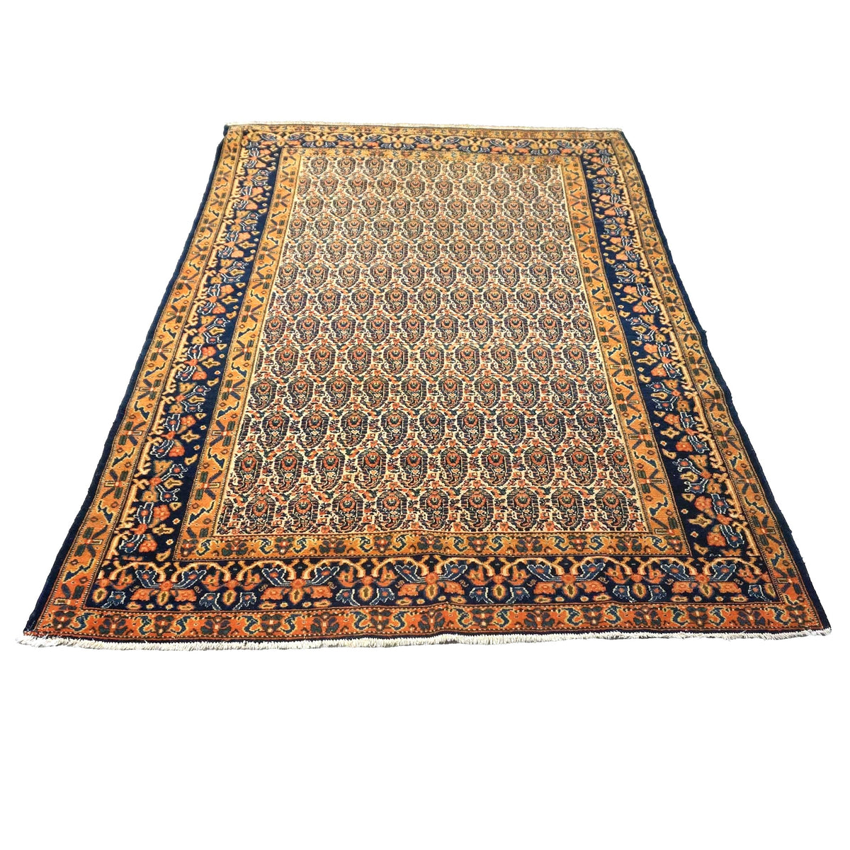 Antique Persian Senneh Wool 4X6 Blue, Gold & Orange Handmade Area Rug #1143202