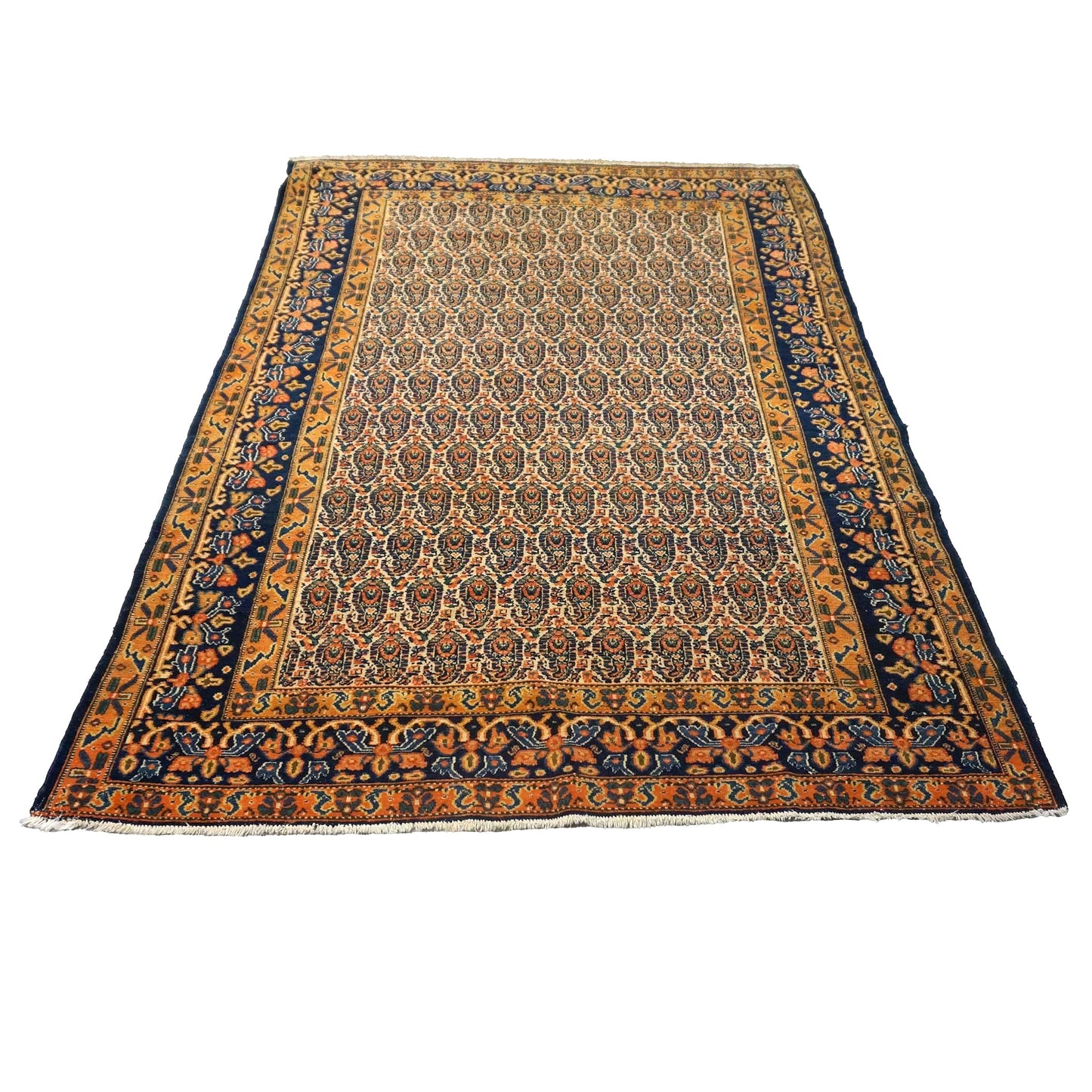 Antique Persian Senneh Wool 4X6 Blue, Gold & Orange Handmade Area Rug #1143202