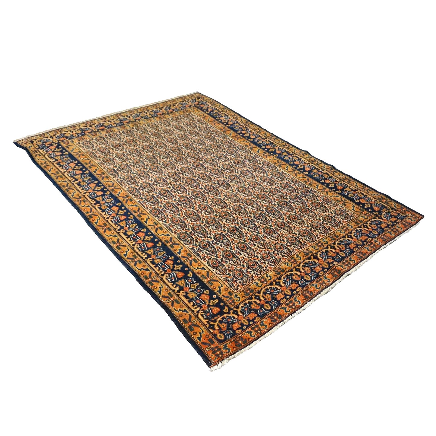 Antique Persian Senneh Wool 4X6 Blue, Gold & Orange Handmade Area Rug #1143202