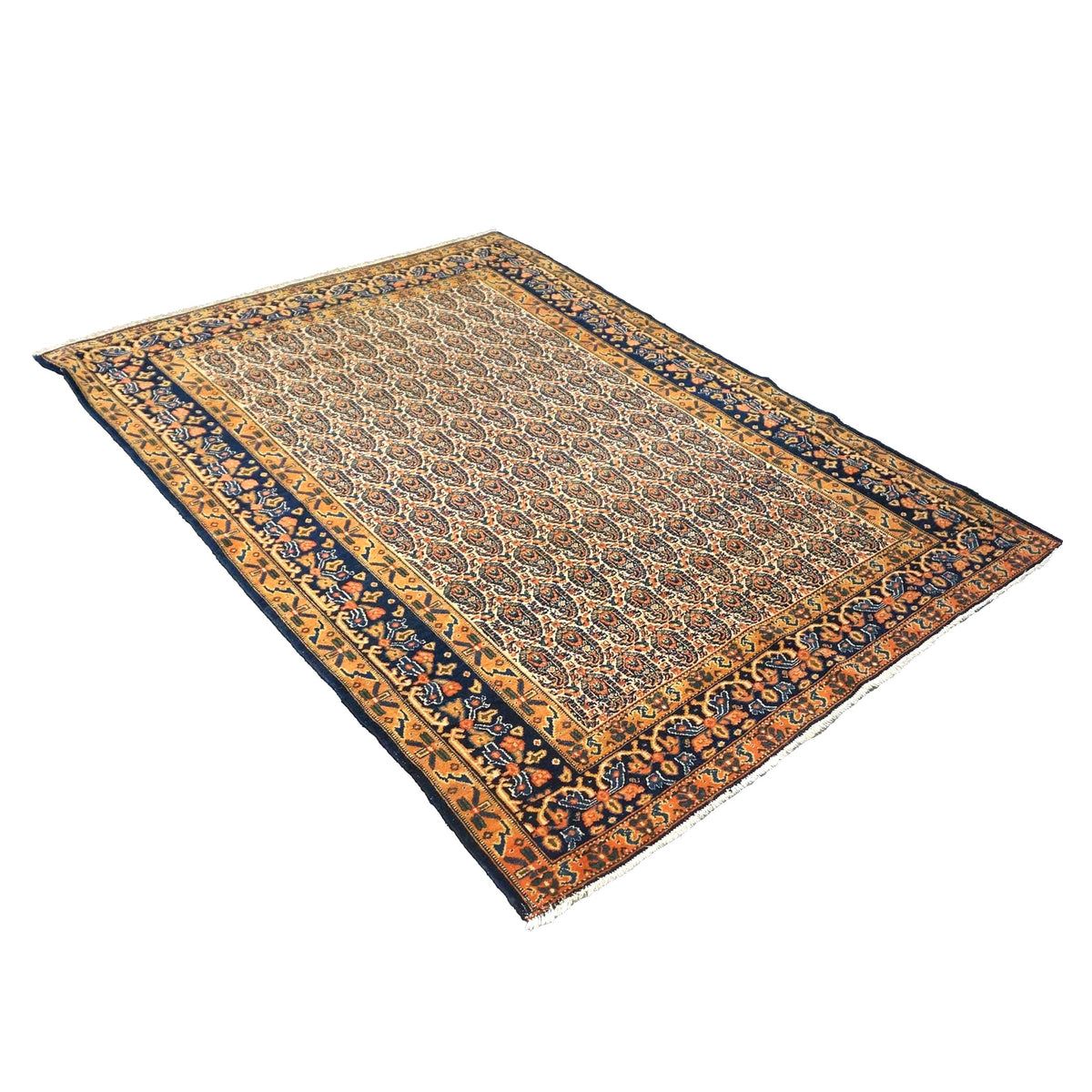 Antique Persian Senneh Wool 4X6 Blue, Gold & Orange Handmade Area Rug #1143202