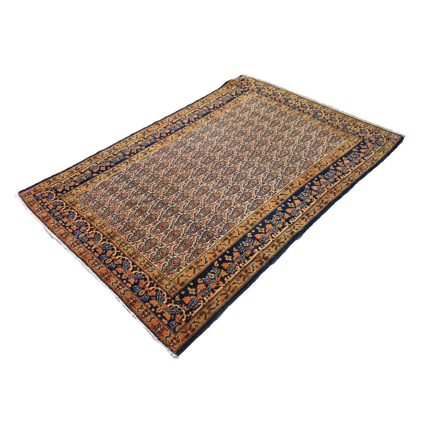 Antique Persian Senneh Wool 4X6 Blue, Gold & Orange Handmade Area Rug #1143202