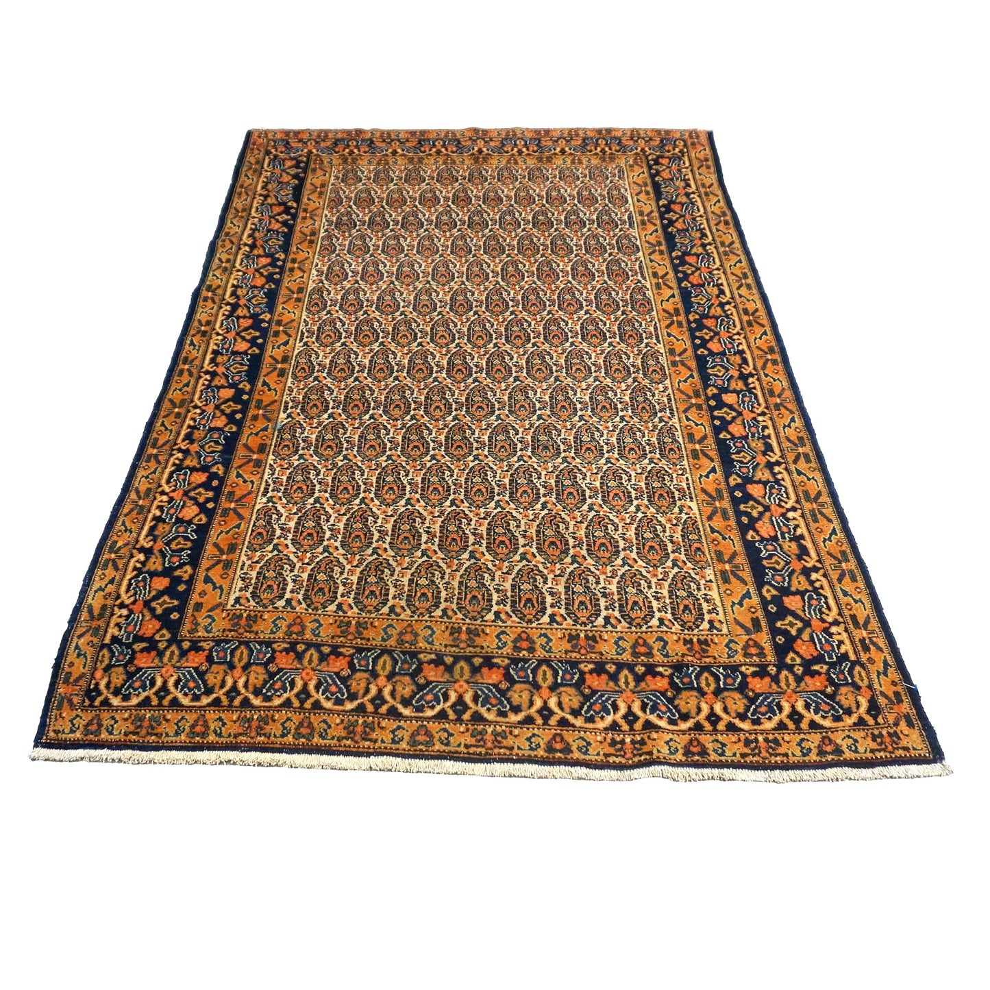 Antique Persian Senneh Wool 4X6 Blue, Gold & Orange Handmade Area Rug #1143202