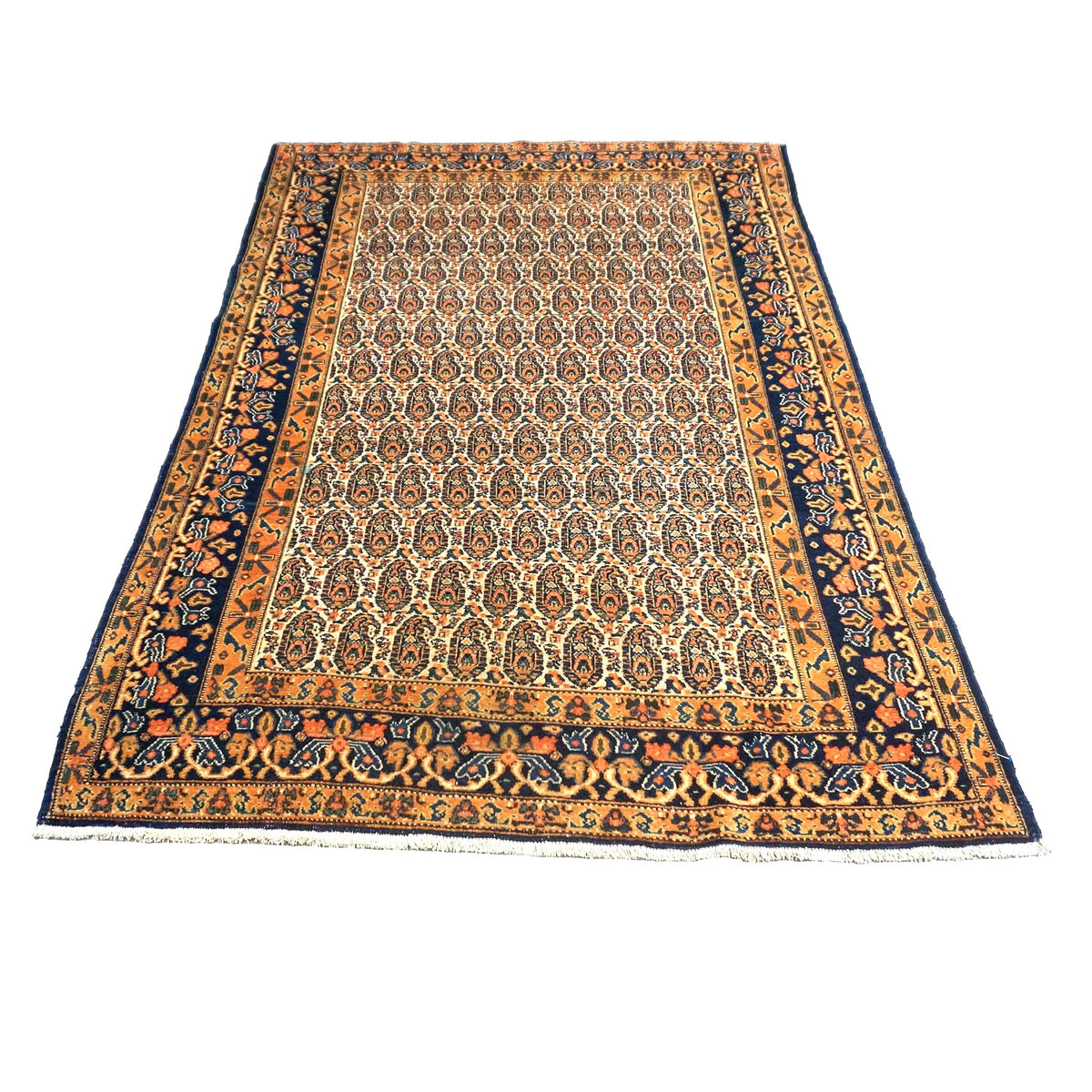 Antique Persian Senneh Wool 4X6 Blue, Gold & Orange Handmade Area Rug #1143202