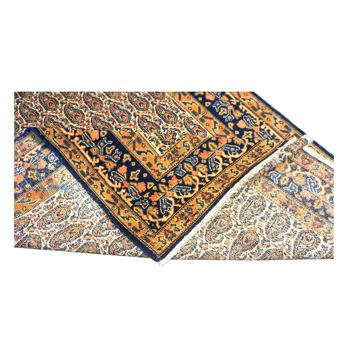 Antique Persian Senneh Wool 4X6 Blue, Gold & Orange Handmade Area Rug #1143202