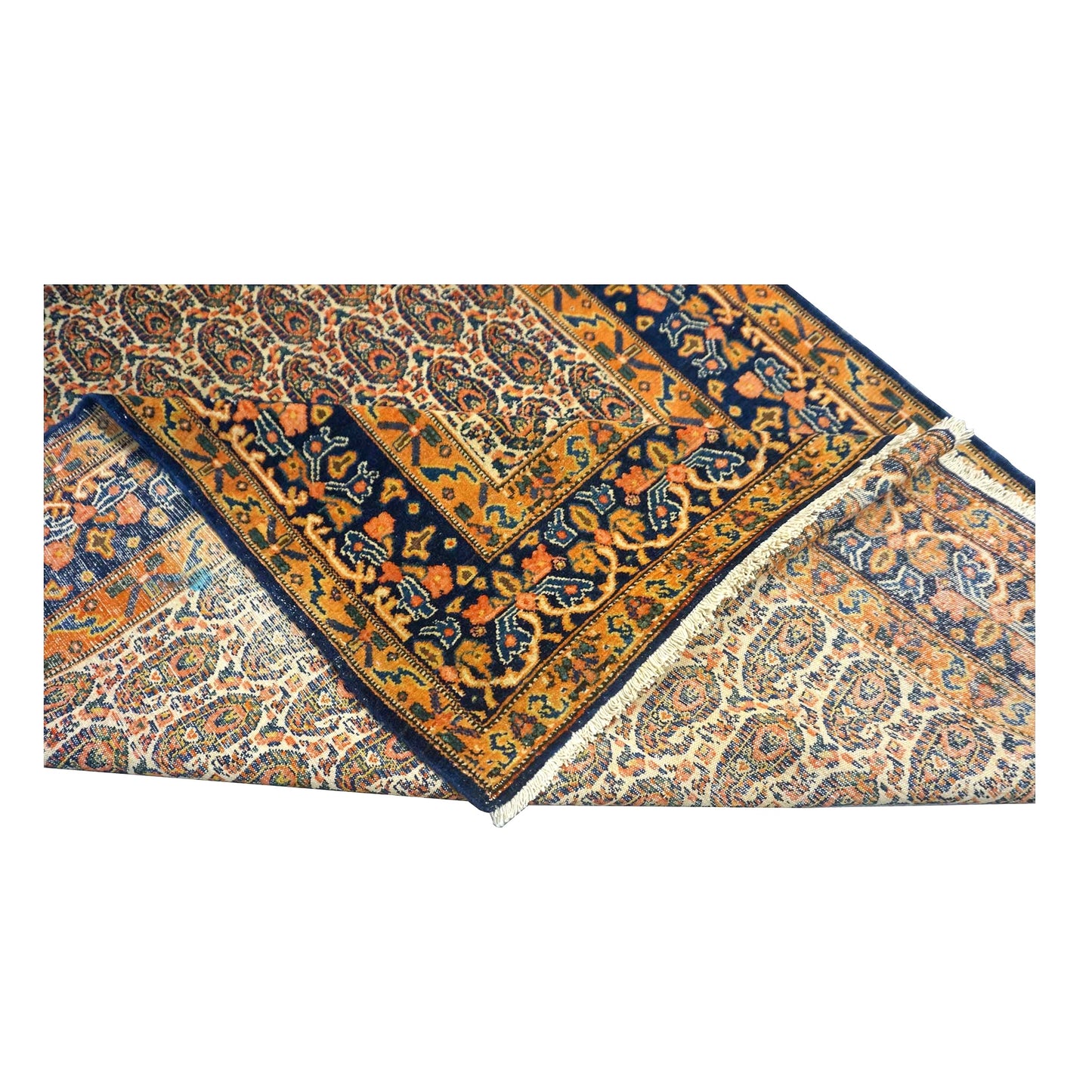 Antique Persian Senneh Wool 4X6 Blue, Gold & Orange Handmade Area Rug #1143202