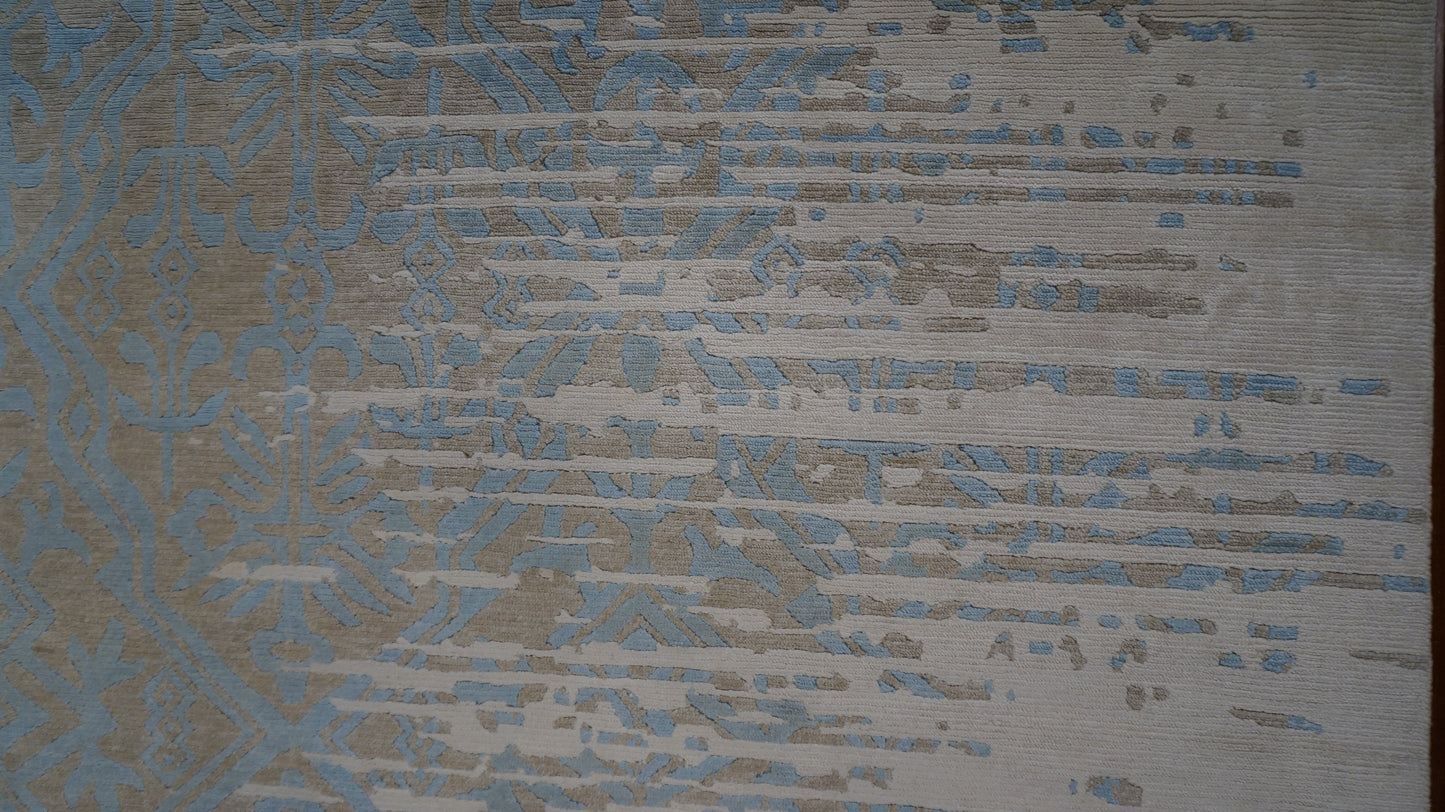 Indo Nepalese Modern Wool & Silk 8 x 10 Grey, Blue & Tan Handmade Area Rug #1143451