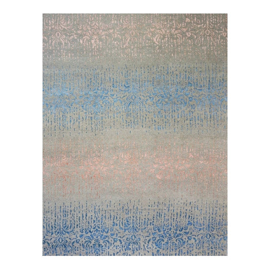 Nepalese Modern Wool & Silk 9X12 Grey, Blue & Pink Handmade Area Rug #1143453