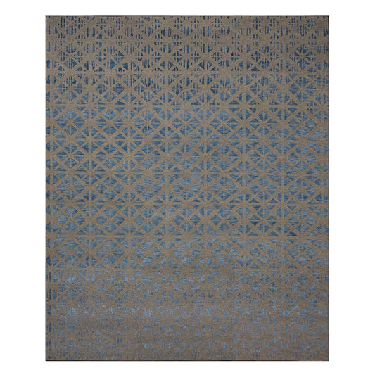 Indo Nepalese Modern Wool and Silk 8 x 10 Blue & Tan-Grey Handmade Area Rug #1143461