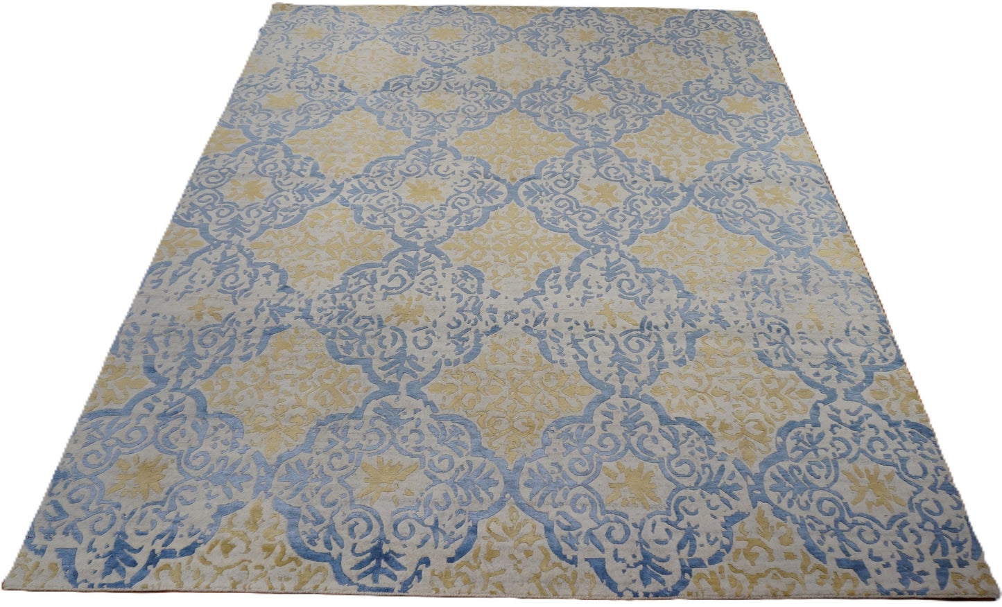 Indo Nepalese Modern Demask Wool and Silk 8x10 Blue, Tan & Ivory Handmade Area Rug #1143462