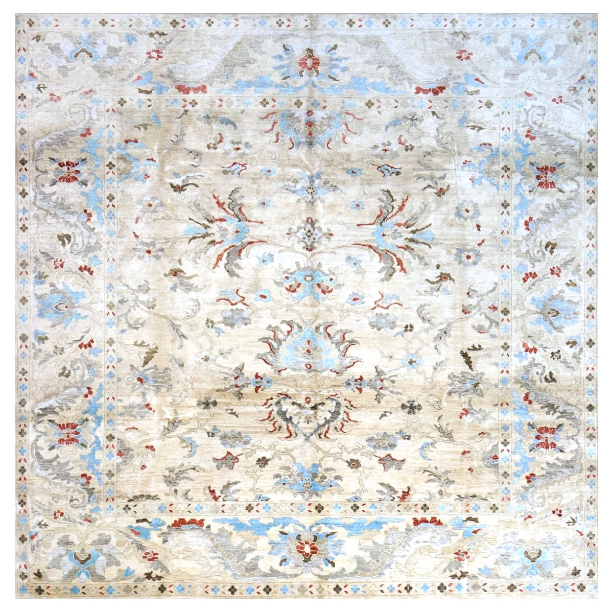 Indian Sultanabad Bamboo Silk 10x10 Light Blue, Ivory & Gray Handmade Square Area Rug 1143480