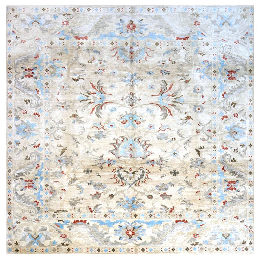 Indian Sultanabad Bamboo Silk 10x10 Light Blue, Ivory & Gray Handmade Square Area Rug 1143480