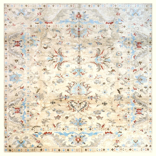 Indian Sultanabad Bamboo Silk 10x10 Light Blue, Ivory & Gray Handmade Square Area Rug 1143480
