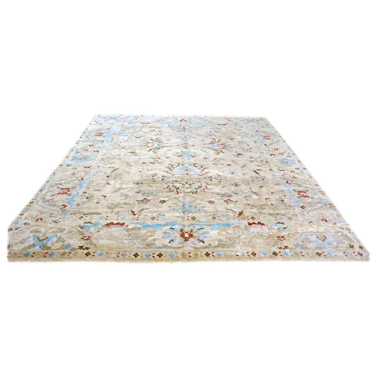 Indian Sultanabad Bamboo Silk 10x10 Light Blue, Ivory & Gray Handmade Square Area Rug 1143480