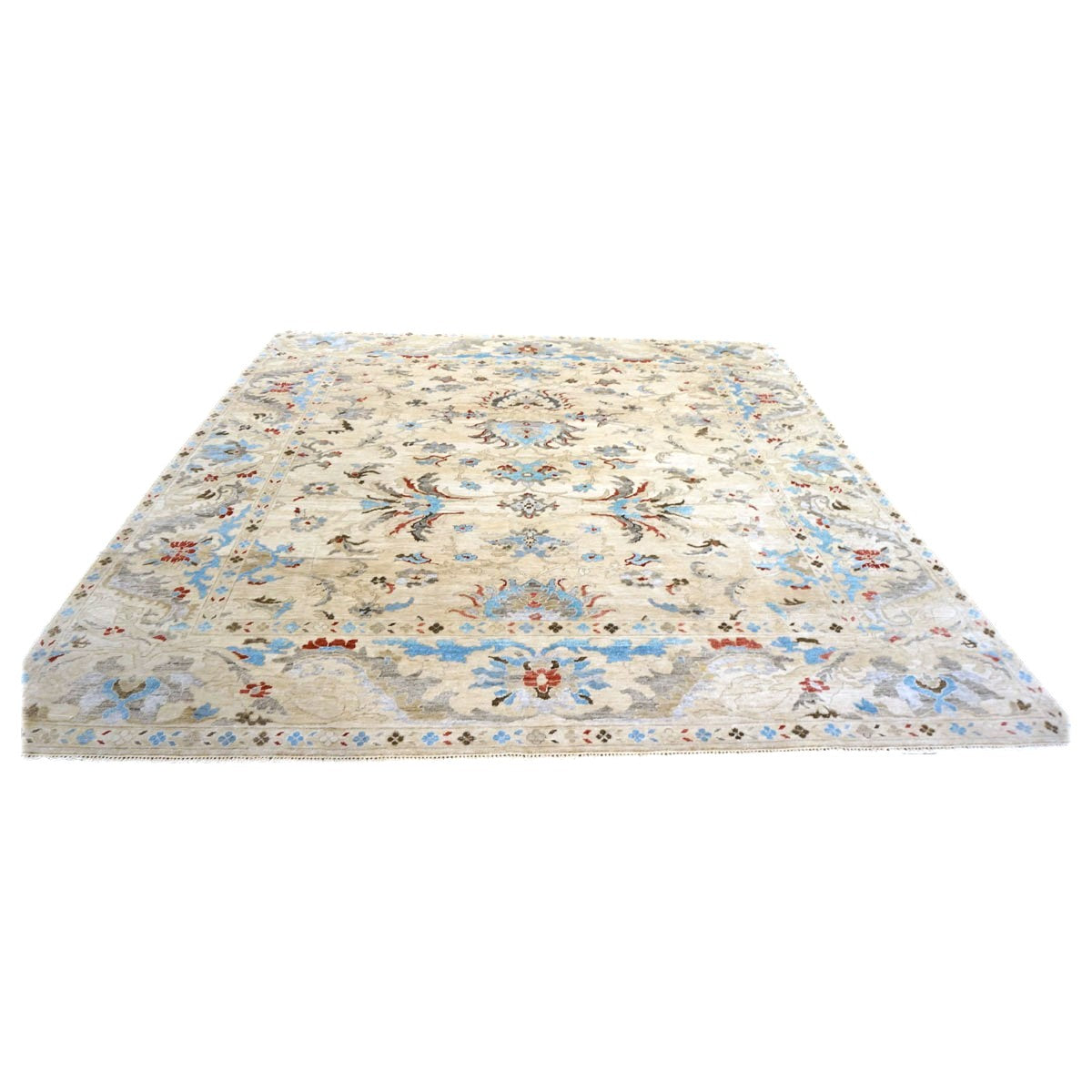Indian Sultanabad Bamboo Silk 10x10 Light Blue, Ivory & Gray Handmade Square Area Rug 1143480