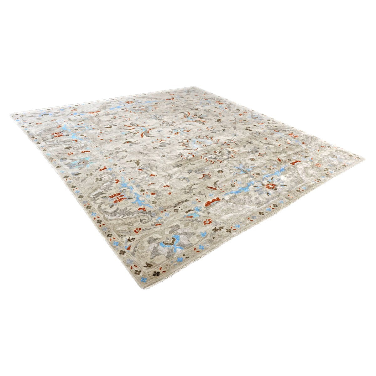 Indian Sultanabad Bamboo Silk 10x10 Light Blue, Ivory & Gray Handmade Square Area Rug 1143480