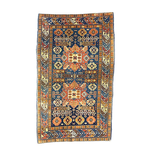 Antique Azerbaijani Kazak Wool 3x5 Taupe, Navy & Rust Handmade Area Rug #1143493