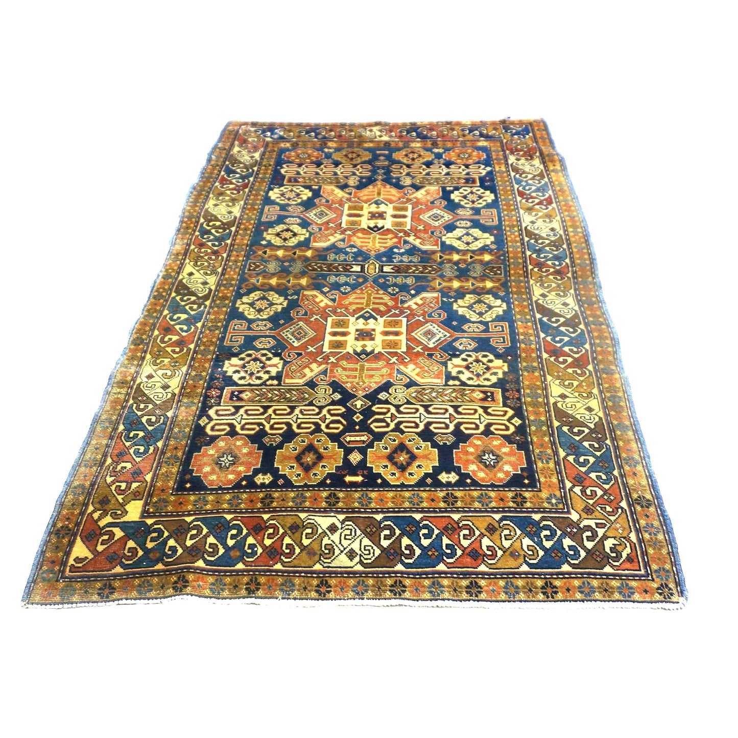 Antique Azerbaijani Kazak Wool 3x5 Taupe, Navy & Rust Handmade Area Rug #1143493