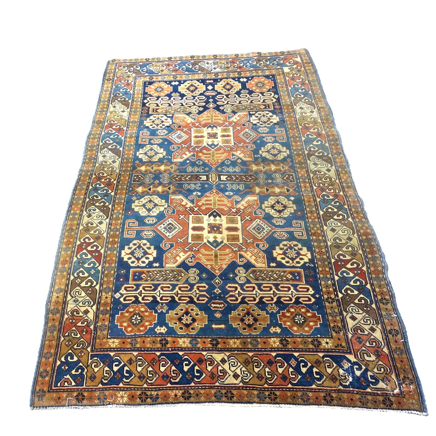 Antique Azerbaijani Kazak Wool 3x5 Taupe, Navy & Rust Handmade Area Rug #1143493