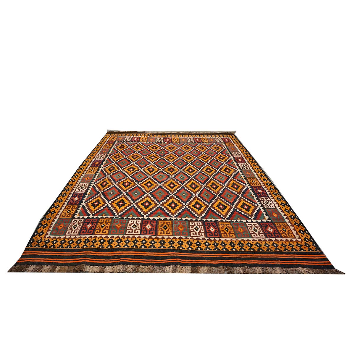 Antique Afghan Kabul Kilim Flatweave Wool 10x13 Yellow, Red & Orange Handmade Area Rug #1143497