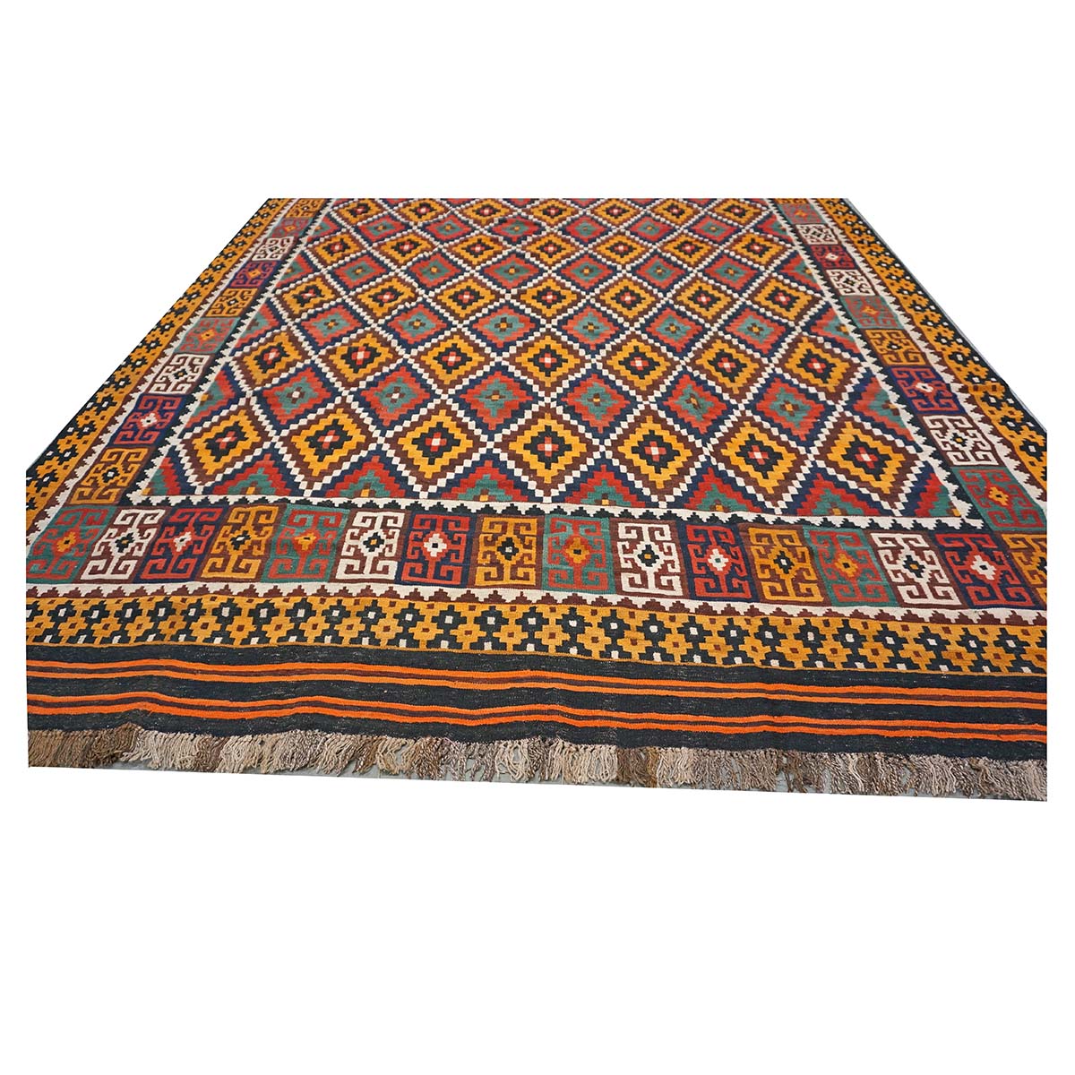 Antique Afghan Kabul Kilim Flatweave Wool 10x13 Yellow, Red & Orange Handmade Area Rug #1143497