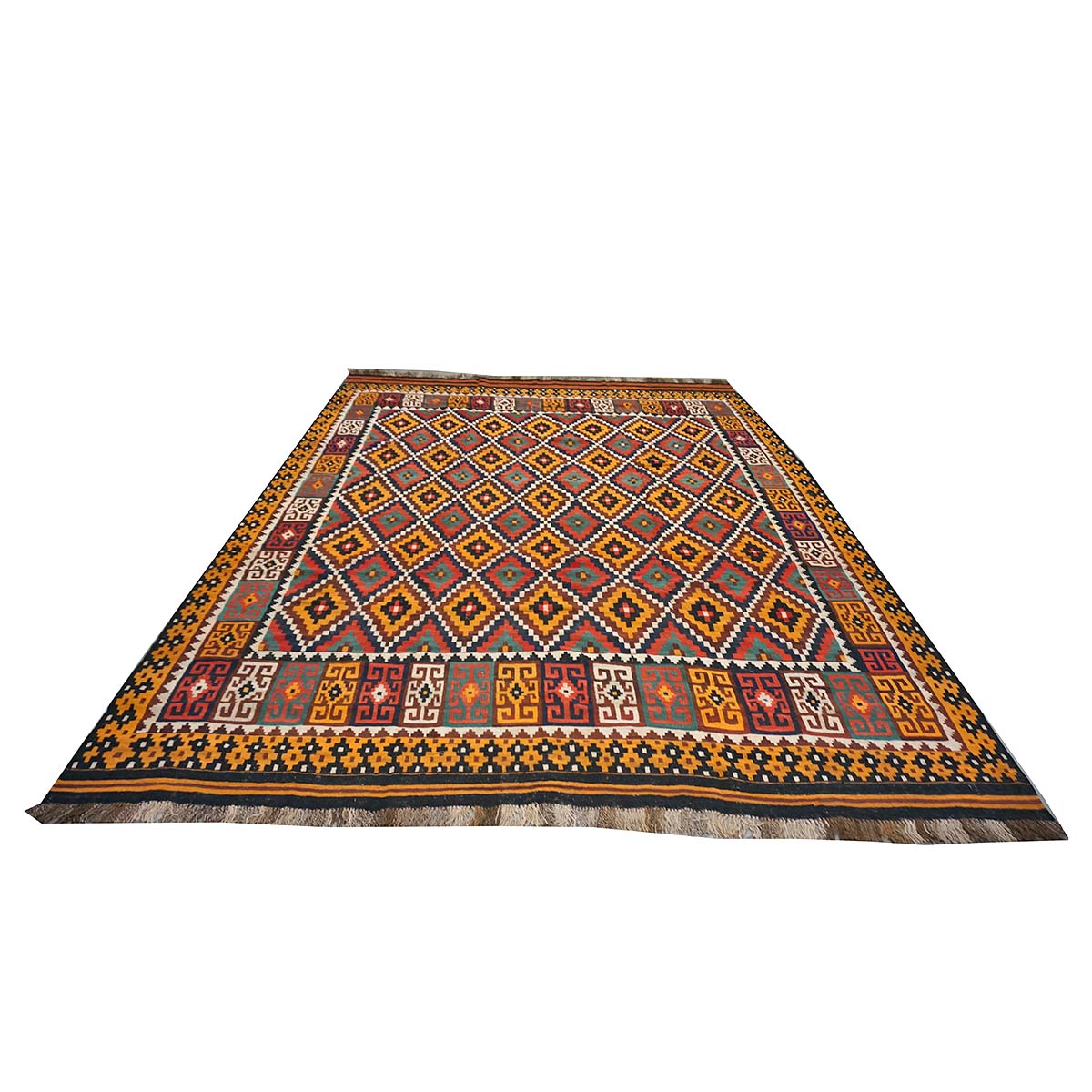 Antique Afghan Kabul Kilim Flatweave Wool 10x13 Yellow, Red & Orange Handmade Area Rug #1143497